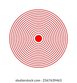 Red concentric circles. Vibration, radiation, coverage or localization icon. Sore or inflammation symbol. Pain, pulse or ache sign. Shockwave, radar or sound signal pictogram. Vector illustration.