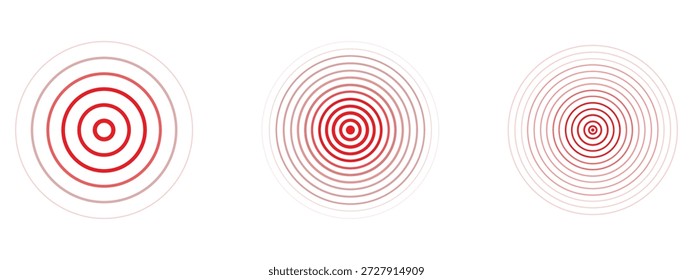 Rote konzentrische Rippelkreise Symbol Set Vektor. Radialsignal, Vibrationselemente. Schmerz, Signal, Zielsymbol. Vektorgrafik.