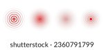 Red concentric ripple circles set. Sonar or sound wave rings collection. Epicentre, target, radar icon concept. Radial signal or vibration elements. Halftone vector illustration