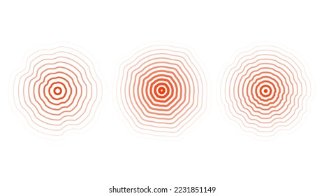 Rote konzentrische Rippelkreise setzen. Sonar- oder Schallwellen-verzerrte Ringe Kollektion. Bildgeber, Ziel, Radarsymbol-Konzept. Radialsignal oder Vibrationselemente. 