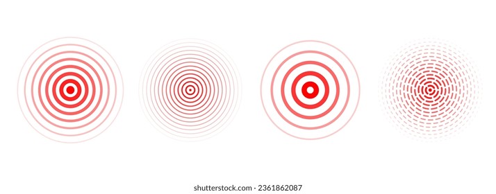 Rote konzentrische Rippelkreise setzen. Sonar- oder Schallwellen klingeln Sammlung. Bildgeber, Ziel, Radarsymbol-Konzept. Radialsignal oder Vibrationselemente. Halftone gepunktete und gesäumte Vektorgrafik