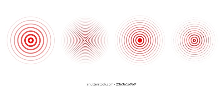 Red concentric ripple circles set. Sonar or sound wave rings collection. Epicentre, target, radar icon concept. Radial signal or vibration elements. Halftone line vector illustration