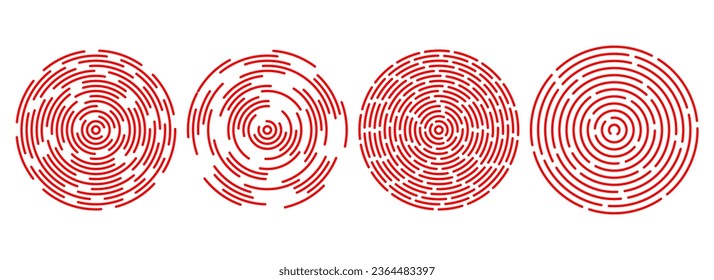 Rojo círculos concéntricos ondulados. Colección de anillos de ondas lineales sonoras o sonoras. Epicentro, objetivo, concepto de icono de radar. Elementos de señal radial o vibración. Ilustración vectorial de línea de semitono