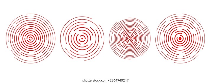 Rojo círculos concéntricos ondulados. Colección de anillos de ondas lineales sonoras o sonoras. Epicentro, objetivo, concepto de icono de radar. Elementos de señal radial o vibración. paquete de ilustración vectorial de línea de semitono