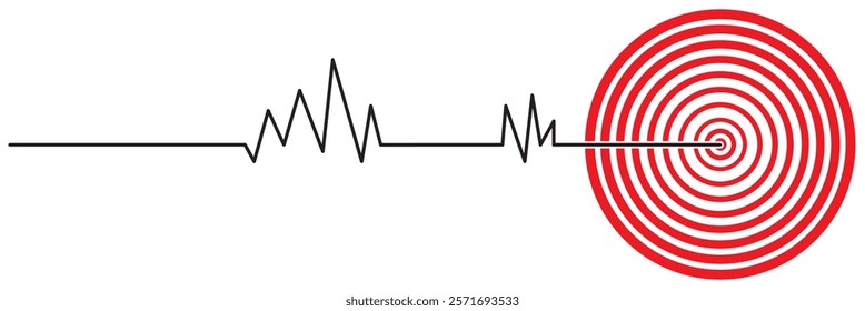 Red concentric ripple circles set. Sonar or sound wave rings collection. Epicentre, target, radar icon concept. Radial signal or vibration elements. Halftone line vector illustration