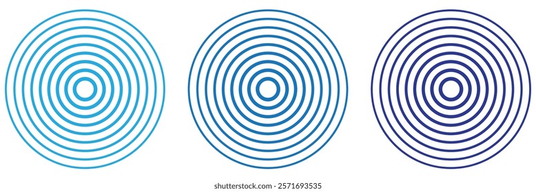 Red concentric ripple circles set. Sonar or sound wave rings collection. Epicentre, target, radar icon concept. Radial signal or vibration elements. Halftone line vector illustration