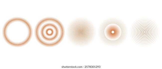 Red concentric ripple circles set. Sonar or sound wave rings collection. Epicentre, target, radar icon concept. Radial signal or vibration elements. Vector 10 eps.