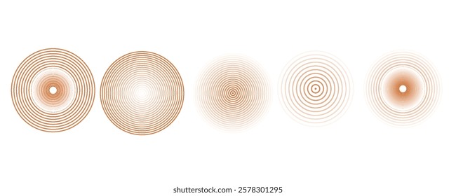 Red concentric ripple circles set. Sonar or sound wave rings collection. Epicentre, target, radar icon concept. Radial signal or vibration elements. Vector 10 eps.