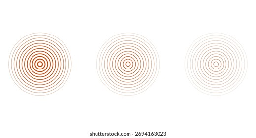 Círculos ondulados concêntricos vermelhos ajustados. Coleção de anéis sonoros ou de ondas sonoras. Epicentro, alvo, conceito de ícone de radar. Sinal radial ou elementos de vibração.