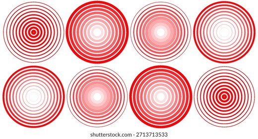 Círculos ondulados concêntricos vermelhos ajustados. Coleção de anéis sonoros ou de ondas sonoras. Epicentro, alvo, conceito de ícone de radar. Sinal radial ou elementos de vibração. Ilustração de vetor com meio-tom pontilhado e com linhas