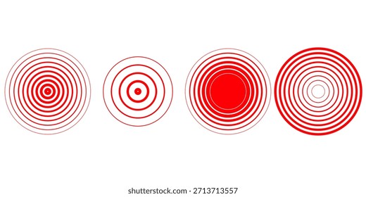 Círculos ondulados concêntricos vermelhos ajustados. Coleção de anéis sonoros ou de ondas sonoras. Epicentro, alvo, conceito de ícone de radar. Sinal radial ou elementos de vibração. Ilustração de vetor com meio-tom pontilhado e com linhas