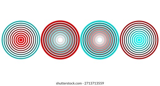 Círculos ondulados concêntricos vermelhos ajustados. Coleção de anéis sonoros ou de ondas sonoras. Epicentro, alvo, conceito de ícone de radar. Sinal radial ou elementos de vibração. Ilustração de vetor com meio-tom pontilhado e com linhas