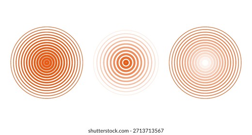 Red concentric ripple circles set. Sonar or sound wave rings collection. Epicentre, target, radar icon concept. Radial signal or vibration elements.