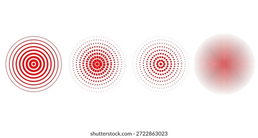 Conjunto de círculos de ondulación concéntricos rojos. Sonar o anillos de ondas sonoras de colección. Epicentro, objetivo, concepto de icono de radar. Señal radial o Elementos de vibración. Ilustración vectorial de semitono	