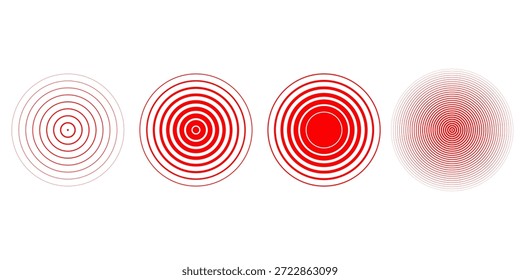 Rote konzentrische Rippelkreise gesetzt. Sonar- oder Schallwellenringsammlung. Epizentrum, Ziel, Radarsymbol-Konzept. Radiale Signal- oder Vibrationselemente. Halbtonvektorgrafik	