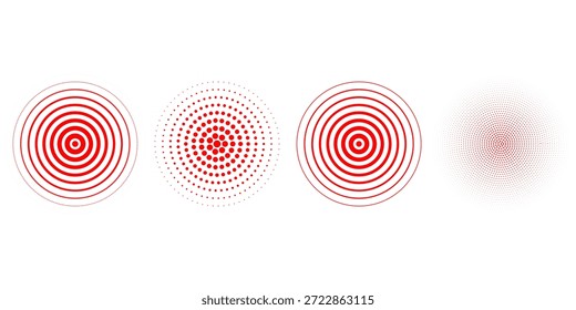 Rote konzentrische Rippelkreise gesetzt. Sonar- oder Schallwellenringsammlung. Epizentrum, Ziel, Radarsymbol-Konzept. Radiale Signal- oder Vibrationselemente. Halbtonvektorgrafik	