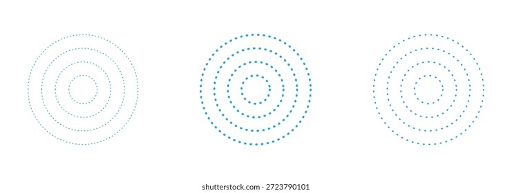 Círculos ondulados concêntricos vermelhos ajustados. Coleção de anéis sonoros ou de ondas sonoras. Epicentro, alvo, conceito de ícone de radar. Sinal radial ou elementos de vibração. Vetor de meio-tom EPC tracejado e pontilhado com ondulação de linha