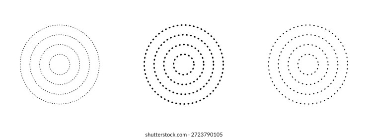 Círculos ondulados concêntricos vermelhos ajustados. Coleção de anéis sonoros ou de ondas sonoras. Epicentro, alvo, conceito de ícone de radar. Sinal radial ou elementos de vibração. Vetor de meio-tom EPC tracejado e pontilhado com ondulação de linha