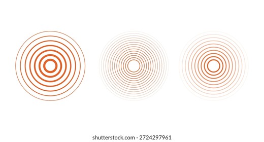 Círculos ondulados concêntricos vermelhos ajustados. Coleção de anéis sonoros ou de ondas sonoras. Epicentro, alvo, conceito de ícone de radar. Sinal radial ou elementos de vibração.