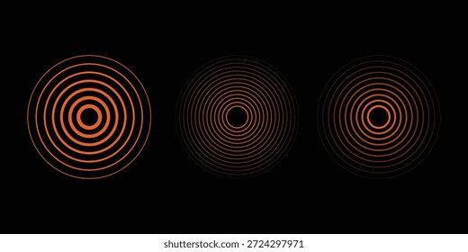 Círculos ondulados concêntricos vermelhos ajustados. Coleção de anéis sonoros ou de ondas sonoras. Epicentro, alvo, conceito de ícone de radar. Sinal radial ou elementos de vibração.