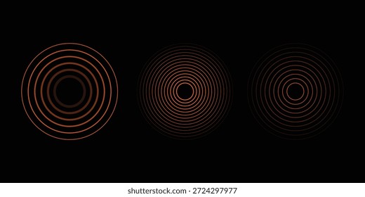 Círculos ondulados concêntricos vermelhos ajustados. Coleção de anéis sonoros ou de ondas sonoras. Epicentro, alvo, conceito de ícone de radar. Sinal radial ou elementos de vibração.
