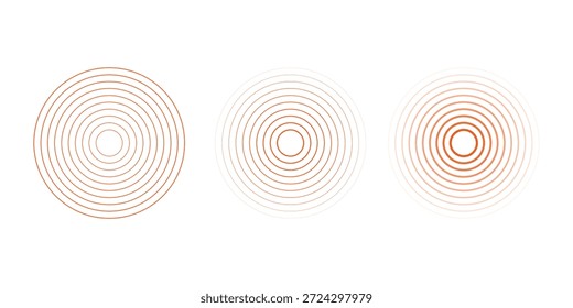 Círculos ondulados concêntricos vermelhos ajustados. Coleção de anéis sonoros ou de ondas sonoras. Epicentro, alvo, conceito de ícone de radar. Sinal radial ou elementos de vibração.