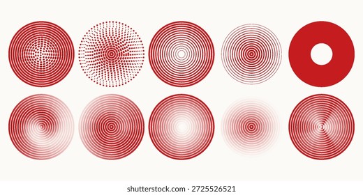 Conjunto de círculos de ondulación concéntricos rojos. Sonar o anillos de ondas sonoras de colección. Epicentro, objetivo, concepto de icono de radar. Señal radial o Elementos de vibración. Ilustración vectorial de semitono	