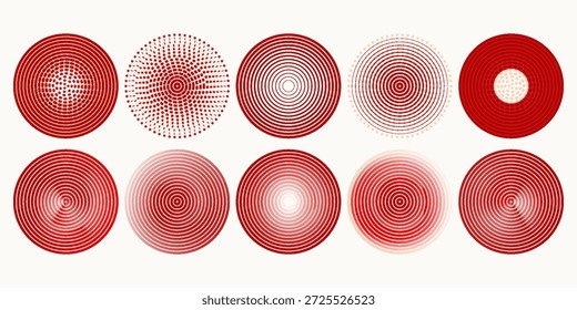 Conjunto de círculos de ondulación concéntricos rojos. Sonar o anillos de ondas sonoras de colección. Epicentro, objetivo, concepto de icono de radar. Señal radial o Elementos de vibración. Ilustración vectorial de semitono	