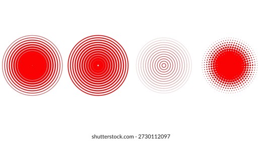Rote konzentrische Rippelkreise gesetzt. Sonar- oder Schallwellenringsammlung. Epizentrum, Ziel, Radarsymbol-Konzept. Radiale Signal- oder Vibrationselemente. Halbtonvektorgrafik