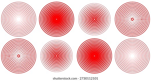 Rote konzentrische Rippelkreise gesetzt. Sonar- oder Schallwellenringsammlung. Epizentrum, Ziel, Radarsymbol-Konzept. Radiale Signal- oder Vibrationselemente. Halbtonvektorgrafik