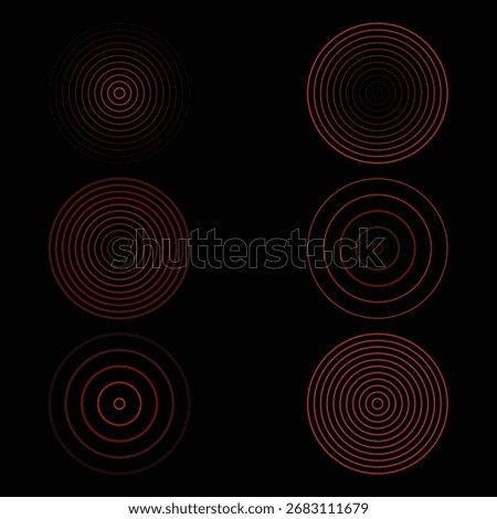 Red concentric ripple circles set. Sonar or sound wave rings collection.Radial signal or vibration elements
