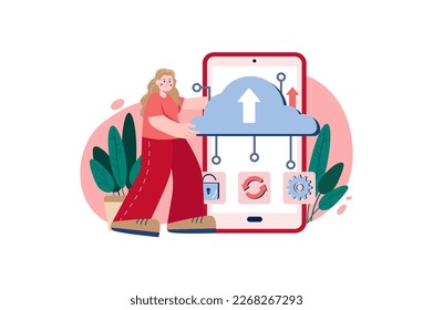 Red concept Cloud storage with people scene in the flat cartoon style. Girl uploads all the data and information to the cloud storage so as not to lose it. Vector illustration.