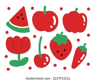 Red concept hand drawing illustration set. Strawberry, flower, apple, bell pepper, pepper, cherry, tulip, watermelon, food, fruit.