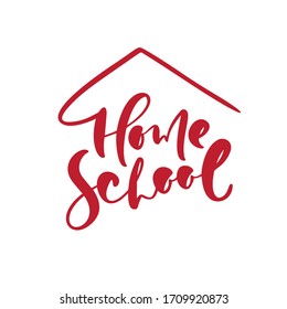 Rotes Konzept der Heimschulung Logo. Vektorillustration Home School Kalligrafie Schrift und Haussymbol. Für das Lernen zu Hause online. Illustrationszeichen der Bildung.