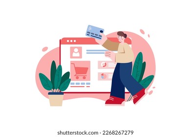 Red concept Online payment with people scene in the flat cartoon design. Man want to pay for different goods and services using online banking. Vector illustration.