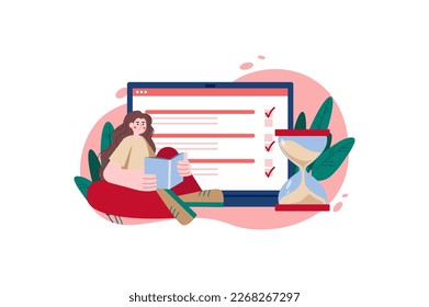 Red concept Time management with people scene in the flat cartoon style. Girl took time to rest and read a book. Vector illustration.