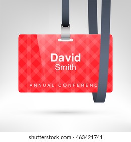 Red conference badge with name tag placeholder. Blank badge template in plastic holder with black lanyard. Vector illustration. Horizontal layout.