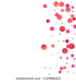 Red confetti background. Falling rose glitter. Graphic design for invitation, wedding, birthday, christmas card. Happy surprise backdrop. Abstract particles explosion. Vector festive concept. 