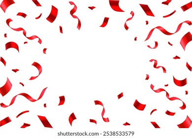 Red confetti background. Shiny carnival decoration. Bright festive tinsel of red color. Holiday poster concept.