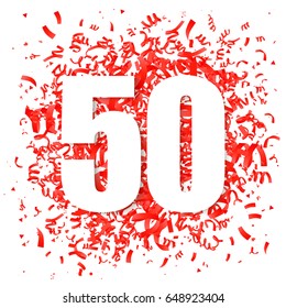 Red confetti and big white digit 50. Vector illustration. The concept of the design of a holiday greeting card. Place for the text. Anniversary. - Shutterstock ID 648923404