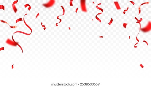 Red confetti. Bright falling tinsel. Holiday poster concept. Anniversary or birthday design template. Shiny carnival decoration. Luxury red color confetti and carnival ribbons.