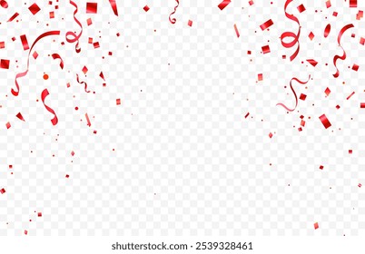 Red confetti. Bright falling tinsel. Holiday poster concept. Anniversary or birthday design template. Shiny carnival decoration.  Luxury red color confetti and carnival ribbons.