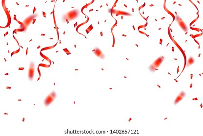 Red confetti. Celebration carnival ribbons. Luxury greeting card. Vector illustration.