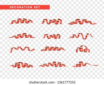 Red confetti celebration. Ribbon serpentine, isolated with transparency background effect.
