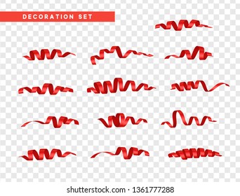 Red confetti celebration. Ribbon serpentine, isolated with transparency background effect.