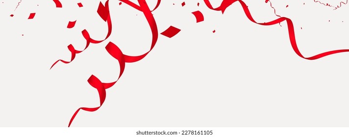Red Confetti Celebration Vector Panoramic Grey Background. Abstract Ribbon Illustration. Star Christmas Design. Scarlet Festive Template.