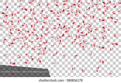 Red confetti falling on transparent background. Petal paper glossy confetti for Women's Day, Birthday, New Year celebration party, carnival, for card, web, poster, banner