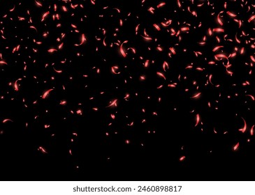 Confeti rojo, caida de cintas de papel aisladas sobre fondo oscuro. Decoración de cumpleaños. Ilustración vectorial