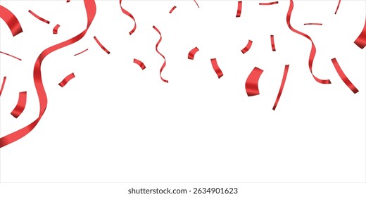 Red confetti, falling paper ribbons isolated on white background. Birthday party decoration vector illustration, Falling shiny red confetti, Bright festive tinsel of red color, red confetti party.