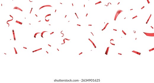 Red confetti, falling paper ribbons isolated on white background. Birthday party decoration vector illustration, Falling shiny red confetti, Bright festive tinsel of red color, red confetti party.